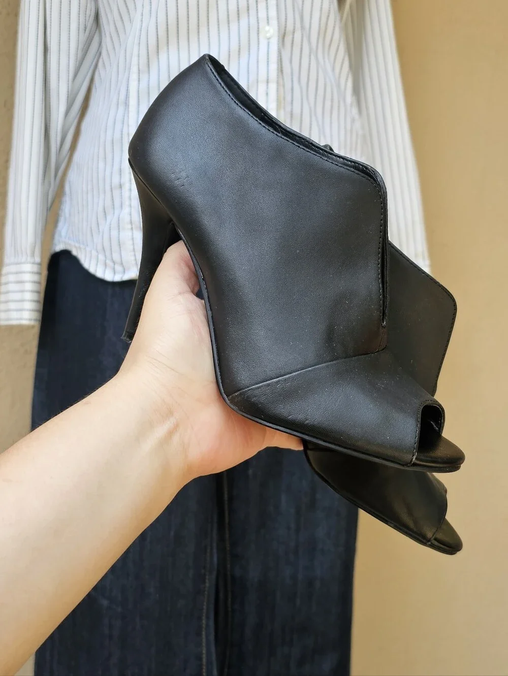 Nine West Black Leather Ambrosia Slip On Peep Toe Heels